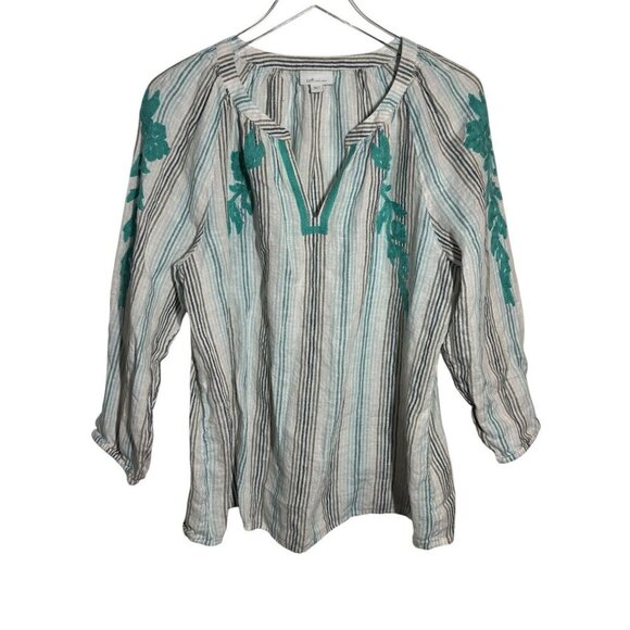 J. jill linen striped embroidered 100% linen boho tunic Top Size Medium relaxed - Picture 1 of 9